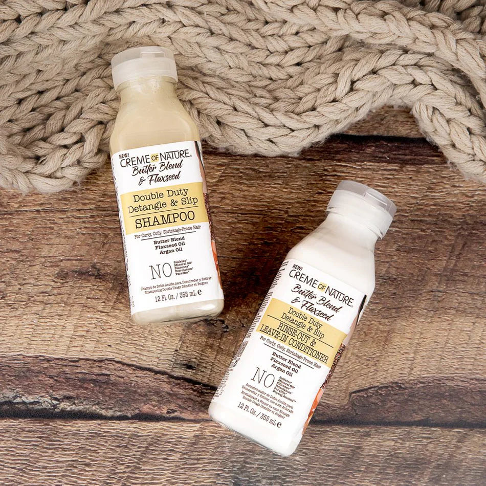 CREME OF NATURE BUTTER BLEND & FLAXSEED Double Duty Detangle & Slip Rinse-Out & Leave-In Conditioner 12 OZ