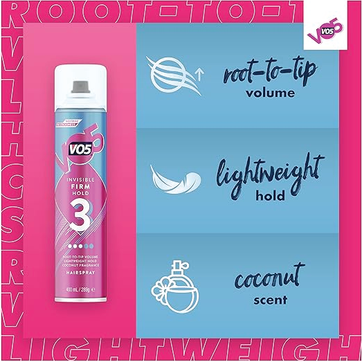 VO5 invisible Firm Hold 3 Hair Spray coconut fragrance light weight Hold 400ml