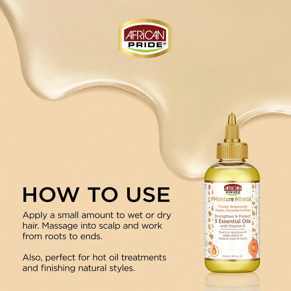 AFRICAN PRIDE MOISTURE MIRACLE CASTOR, GRAPESEED, ARGAN, COCONUT & OLIVE 5 ESSENTIAL OILS, 4OZ