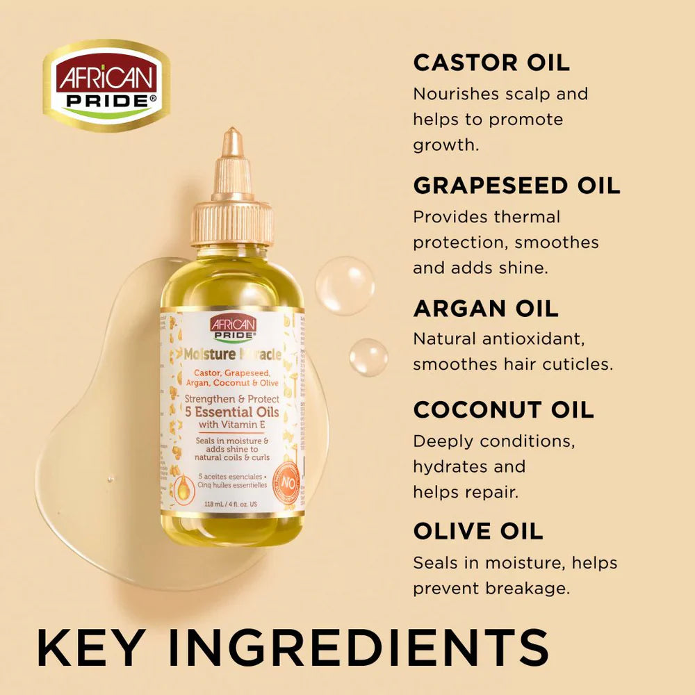 AFRICAN PRIDE MOISTURE MIRACLE CASTOR, GRAPESEED, ARGAN, COCONUT & OLIVE 5 ESSENTIAL OILS, 4OZ
