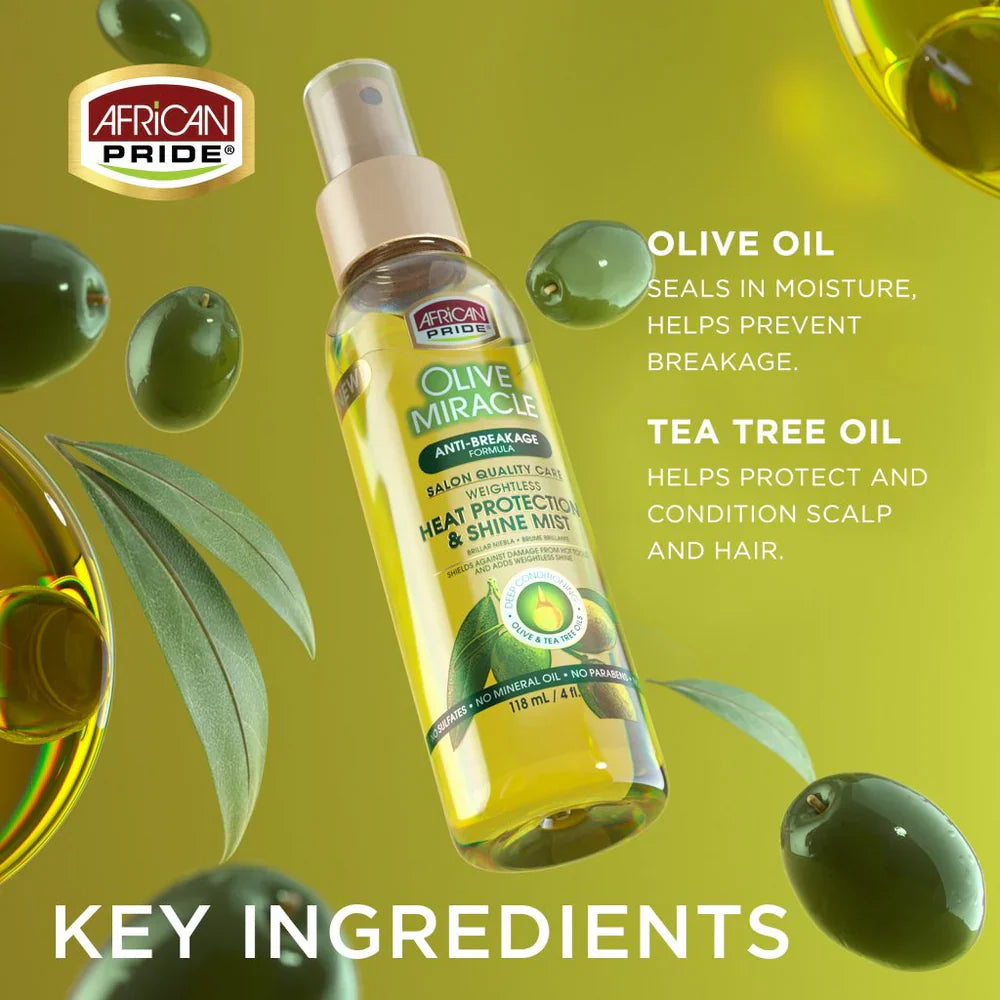 AFRICAN PRIDE OLIVE MIRACLE HEAT PROTECTANT & SHINE MIST, 4FL OZ