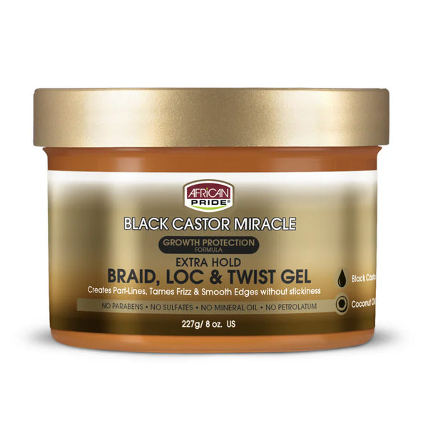 AFRICAN PRIDE BLACK CASTOR MIRACLE BRAID, LOC & TWIST GEL, 8OZ