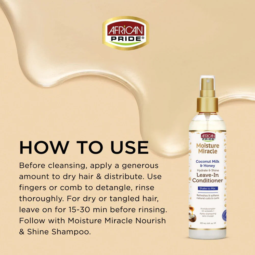 AFRICAN PRIDE MOISTURE MIRACLE COCONUT MILK & HONEY LEAVE-IN CONDITIONER, 8FL OZ