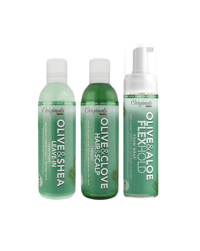 AFRICA'S BES OLIVE OIL CONDITIONING COLLECTION PROTECTIVE STYLE ESSENTIALS BUNDLE Olive & Shea Leave-In Conditioner, 6oz Olive & Clove Hair & Scalp Therapy, 6oz Olive & Aloe Flex Hold Foam Wrap, 8.5oz
