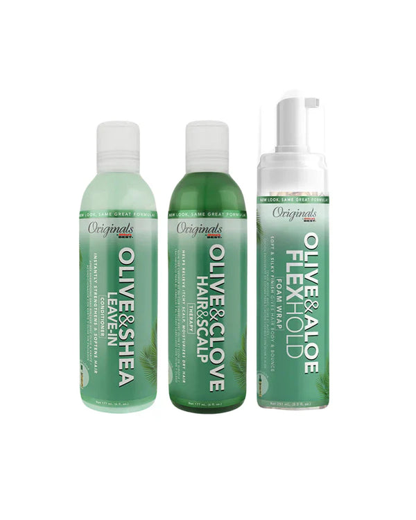 AFRICA'S BES OLIVE OIL CONDITIONING COLLECTION PROTECTIVE STYLE ESSENTIALS BUNDLE Olive & Shea Leave-In Conditioner, 6oz Olive & Clove Hair & Scalp Therapy, 6oz Olive & Aloe Flex Hold Foam Wrap, 8.5oz