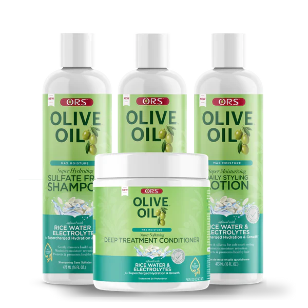 ORS OLIVE OIL MAX MOISTURE HYDRATING AND SOFTENING BUNDLE Sulfate-Free Shampoo (16 oz ) Deep Treatment Conditioner (20 oz Leave-In Conditioner (16 oz Moisturizing Daily Styling Lotion (16 oz) (68oz)